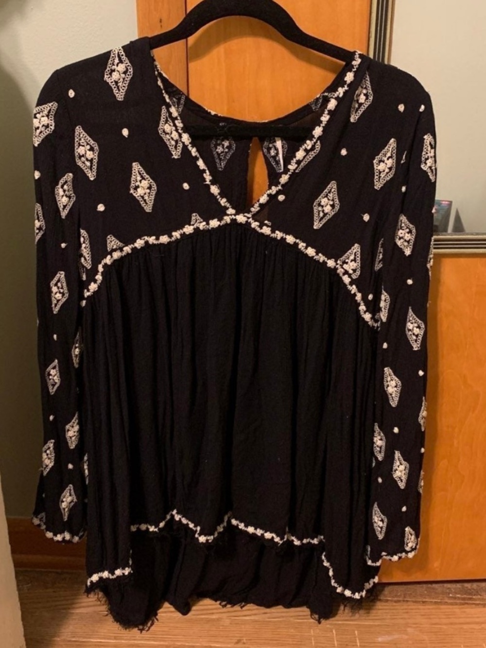 Free People Black Tunic with White Embroidered Detail